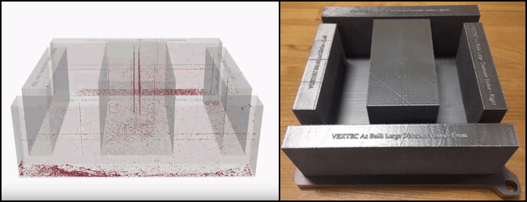 Digital visualization of additively-manufactured Ti-6Al-4V blocks (with porosity), and the physically-built product.